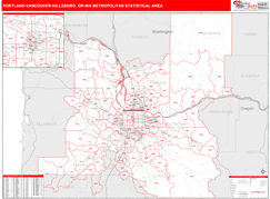 Portland-Vancouver-Hillsboro Metro Area Digital Map Red Line Style
